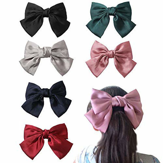 Picture of Big Hair Bow Clips Satin Silk Thick Hair Barrettes French Style Hair Accessories 6PCS for Girls Women Ladies by JIAHANG