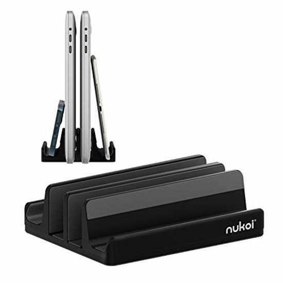 Picture of Vertical Laptop Stand - SPACEMax Adjustable - Nukoi GRIPLock Anti-Tip Silicone 4 Slots Aluminum Desktop Holder - Double Dock Stand - 2 Phone Slots Fits Up to 17.3 Laptops, Tablets, Phones - Black