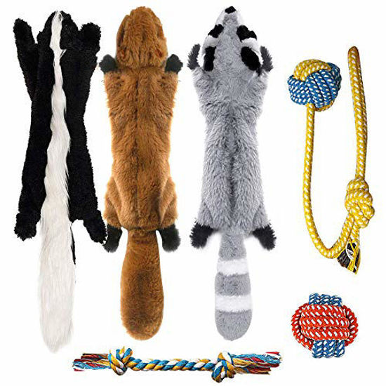 Picture of Peteast-3 Squeaky Toys and 3 Rope Dog Toys, No Stuffing Squeaky Plush Fox Raccoon Squirrel, Puppy Chew Teething Rope Toys Set for S/M/L Dogs Pets Animals