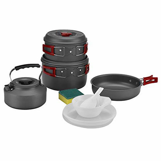 Picture of Bulin Camping Cookware Mess Kit, Backpack Portable Campfire Cooking Pots Pans Kettle Set, Lightweight Durable Cook Gear for Open Fire Hiking, Outdoor (BPA Free Bowls, Plates), 9 PCS