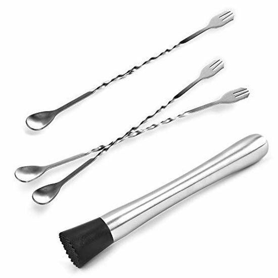 Picture of Set of 4 Muddler Bar Tools Essentials, SourceTon 10 Inch Stainless Steel Cocktail Muddler & 3 Pieces Mixing Spoons Ideal Bartender Tool for Home and Bar