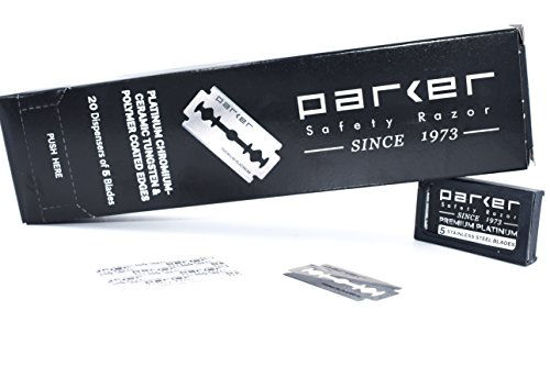 Picture of 100 Count, Parker Safety Razor Double Edge Safety Razor Blades, Premium Platinum Stainless Steel Razor Blades with PTFE, Tungsten and Chromium Coated Edges for Smooth, and Comfortable Shaves