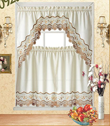 Picture of Fancy Collection 3pc Beige with Embroidery Floral Kitchen/Cafe Curtain Tier and Valance Set 001092 (60" x 38", Gold/Beige/Beige)