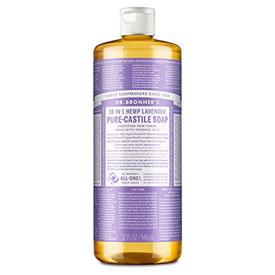 Picture of Dr. Bronners - Pure-Castile Liquid Soap (Lavender, 32 ounce) - Made with Organic Oils, 18-in-1 Uses: Face, Body, Hair, Laundry, Pets and Dishes, Concentrated, Vegan, Non-GMO