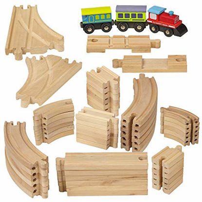 Picture of Dragon Drew Wooden Train Tracks - 55 Piece - Compatible with Brio, Thomas, Chuggington and All Major Brands - Accessories and Expansion Kit Includes 52 Tracks and 3 Cute Cars