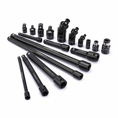 Picture of CASOMAN 18-Piece Drive Tool Accessory Set, Premium CR-V Steel with Black Phosphate Finish, Includes Socket Adapters, Extensions and Universal Joints and Impact Coupler, Professional Socket Accessories