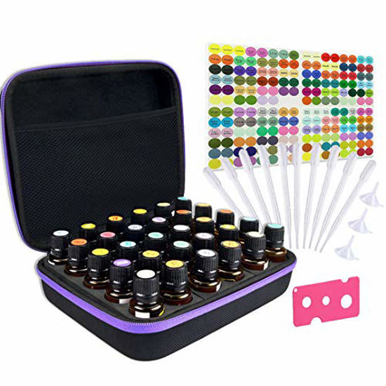 Picture of Tuzazo Hard Shell Essential Oils Carrying Case with EVA Foam Insert Holds 30 Bottles 5ml 10ml 15ml, Come with 206 pcs Essential Oil accessories (Purple&Black)