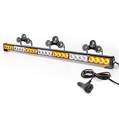 Picture of SMALLFATW Emergency Strobe Light Bar 32 28 LED 13 Flashing Modes Weatherproof, 12V Cigarette lighter&Suction Cup Hanger, Windshield Dash Police Warning Light Bar for Truck Vehicles, Amber&White