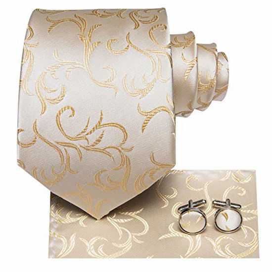 Picture of Hi-Tie Mens Wedding Champagne Ties Silk Beige Necktie with Pocket Square Cufflinks Set