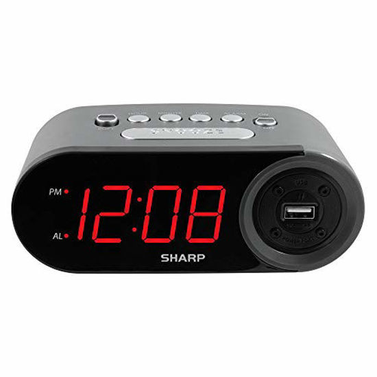 Picture of SHARP Digital Easy to Read Alarm Clock with 2 AMP High-Speed USB Charging Power Port - Charge Your Phone, Tablet with a high Speed Charge! Simple, Easy to Use Operation,Grey Case - Red LEDs