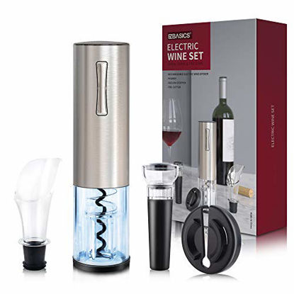 Picture of EZBASICS Electric Wine Bottle Opener kit Rechargeable Automatic Corkscrew contains Foil Cutter Vacuum Stopper and Wine Aerator Pourer with USB Charging Cable for Wine Lover 4-in-1 Gift Set, Silver