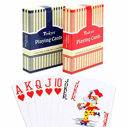 Picture of Teskyer Large Print Playing Cards, Poker Size Jumbo Index Deck of Cards, Linen Finish Surface, 2 Pack(Blue and Red)