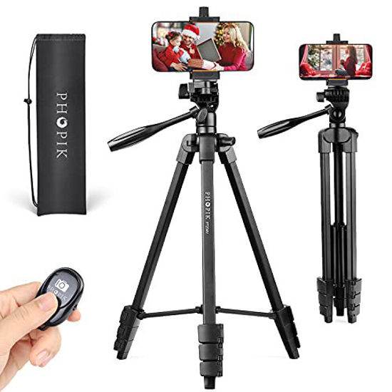 Picture of PHOPIK Lightweight Phone Tripod 55-Inch, Video Tripod with 360 Panorama and 1/4 Mounting Screw for Mirrorless/Gopro/DSLR Camera, Phone Holder for Smartphone, Max Load 6.6 Lbs, Carry Bag Inclued.