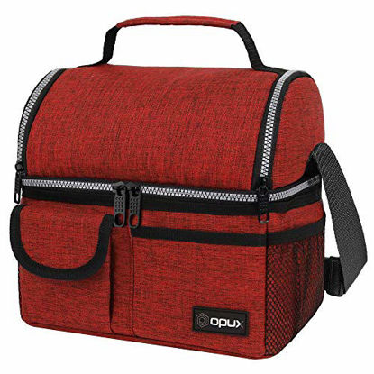 Picture of OPUX Insulated Dual Compartment Lunch Bag for Men, Women | Double Deck Reusable Lunch Pail Cooler Bag with Shoulder Strap, Soft Leakproof Liner | Large Lunch Box Tote for Work, School (Red)