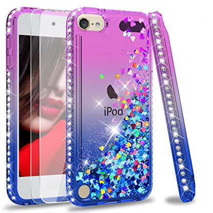 Picture of iPod Touch 7 Case, iPod Touch 6 Case, iPod Touch 5 Case with Tempered Glass Screen Protector [2 Pack] for Girls, LeYi Glitter Liquid Clear Phone Case (Purple/Blue)