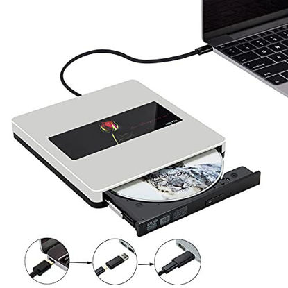 Picture of External DVD Drive USB 3.0/USB-C CD/DVD+/-RW Drive Burner Player Reader, Portable CD/DVD ROM Optical Drive for for MacBook Mac Laptop Desktop PC Windows(Silver)