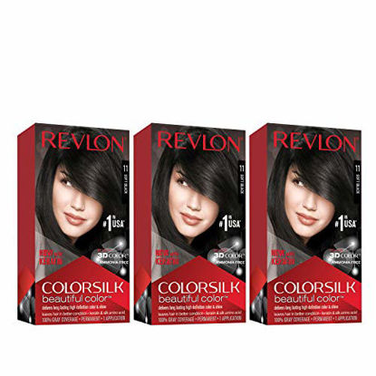 Picture of REVLON Colorsilk Beautiful Color Permanent Hair Color with 3D Gel Technology & Keratin, 100% Gray Coverage Hair Dye, 11 Soft Black, 4.4 oz (Pack of 3)