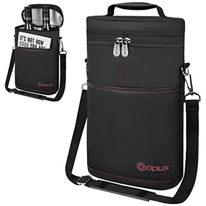 Picture of OPUX Insulated 2 Bottle Wine Tote Carrier | Padded Wine Cooler Bag for Travel Picnic BYOB | Portable Wine Bag with Shoulder Strap and Carry Handle, Wine Gifts - Black