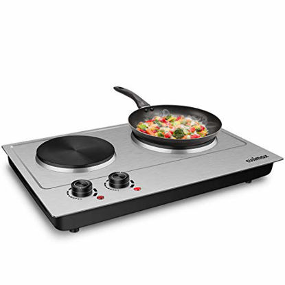 Picture of CUSIMAX 1800W Double Hot Plate, Stainless Steel Silver Countertop Burner Portable Electric Double Burners Electric Cast Iron Hot Plates Cooktop, Easy to Clean, Upgraded Version C180N