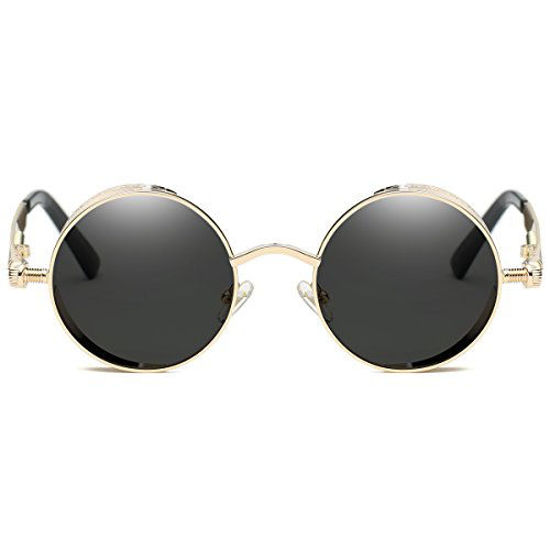 Getuscart Dollger Men Retro Round Sunglasses Vintage Steampunk Gold Metal Frame Shades