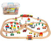 Picture of On Track USA Wooden Train Set 100 Piece All in One Wooden Toy Train Tracks Set with Magnetic Trains and Railway Accessories, Comes in A Clear Container, Compatible with All Major Brands