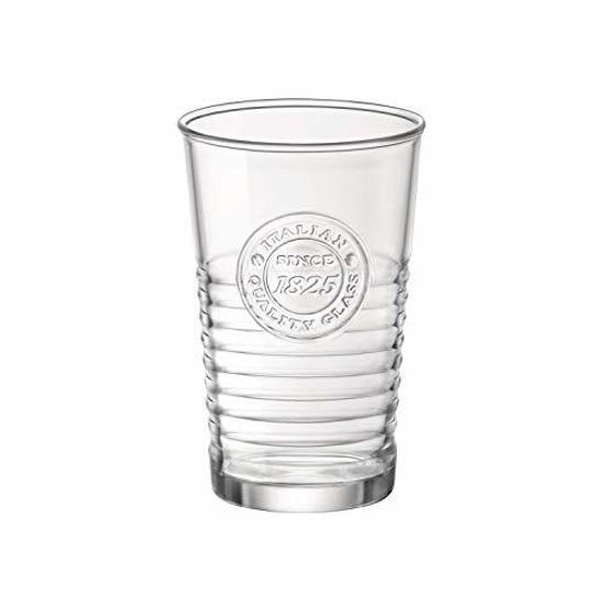 Picture of Bormioli Rocco Officina Water Glasses - Set Of 4 Clear Drinking Tumblers With Textured Ring Design & Vintage Stamp Logo - 11oz High Capacity Tall Cups For Soda, Juice, Milk, Coke, Beer, Spirits