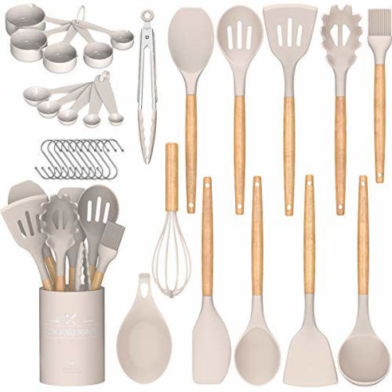 Picture of Umite Chef Kitchen Cooking Utensils Set, 33 pcs Non-Stick Silicone Cooking Kitchen Utensils Spatula Set with Holder, Wooden Handle Silicone Kitchen Gadgets Utensil Set (Khaki)