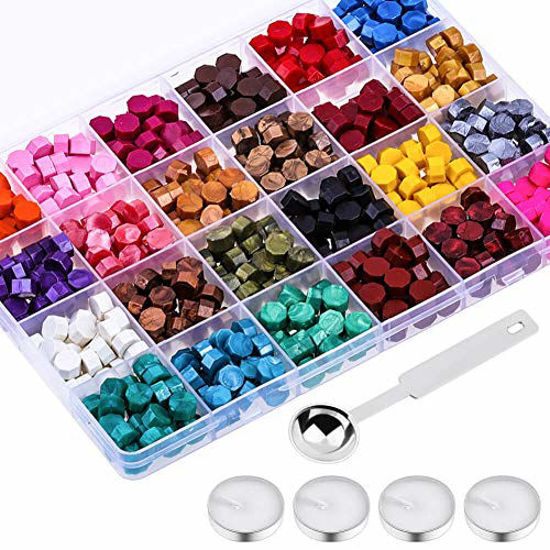 Picture of PAXCOO 624Pcs Sealing Wax Beads, Sealing Wax for Wax Seal Stamp, Hexagon Wax Seal Beads with A Wax Spoon and 4Pcs Tea Candles (24 Colors)