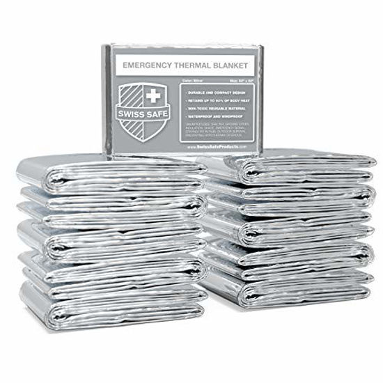 Picture of Swiss Safe Emergency Mylar Thermal Blankets, Designed for NASA, Outdoors, Survival, First Aid, Silver, 10 Pack