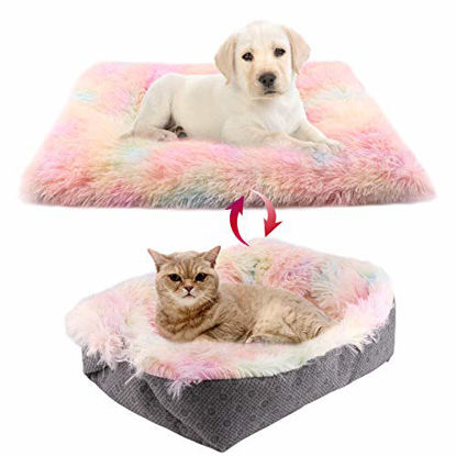 Picture of Chintu Cat Beds for Indoor Cats - Washable Dog Crate Bed Calming Dog Bed Plush Fluffy Cat Bed Faux Fur Warming Pet Bed for Small Medium Dogs and Cats 24 x 20 Inch Rainbow