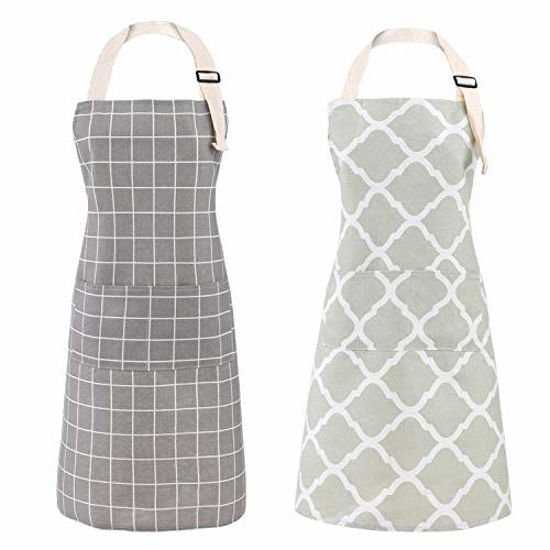 Picture of Tosewever 2 Pieces Cotton Linen Waterproof Bib Kitchen Apron with Pockets - Long Ties Adjustable Neck Strap - Unisex BBQ Cooking Drawing Crafting Aprons for Women Chef (Grey/Green, 2)