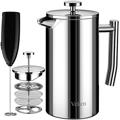 Veken French Press Double-Wall 18/10 Stainless Steel Coffee & Tea Maker,  Multi-Screen System, 2 Extra Filters Included, Rust-Free, Dishwasher Safe,  50oz, Silve 