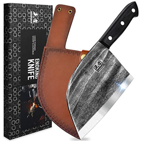 ENOKING Handforged Meat Cleaver Knife 6.7 inch Handmade High Manganese Steel Serbian Chef Knife with Leather Sheath, Cleaver with Full Tang Handle for