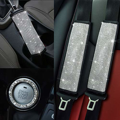 Picture of Valleycomfy Microfiber Leather Seat Belt Shoulder Pads with Bling Rhinestones Car Bling Seat Belt Covers for Women, Crystal Handbrake Cover, Bling Ring Set Bling Car Accessories 4 Pack Set Universal