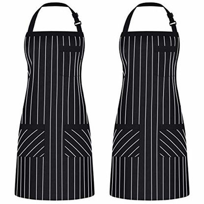 Picture of Syntus 2 Pack Adjustable Bib Apron with 3 Pockets Cooking Kitchen Aprons for Women Men Chef, Black/White Pinstripe