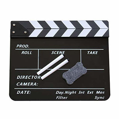 Picture of Coolbuy112 Movie Directors Clapboard, Photography Studio Video TV Acrylic Clapper Board Dry Erase Film Slate Cut Action Scene Clapper with a Magnetic Blackboard Eraser and Two Custom Pens, Black