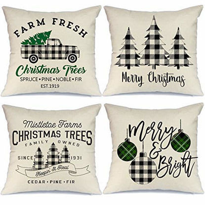 Picture of AENEY Christmas Decorations Pillow Covers 18x18 Set of 4 Marry Bright Buffalo Plaid Tree Christmas Pillows Rustic Winter Holiday Xmas Throw Pillows Farmhouse Christmas Decor Truck for Couch A281