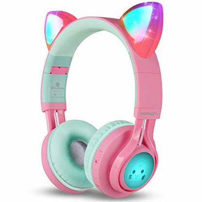 Picture of Riwbox Bluetooth Headphones, Riwbox CT-7 Cat Ear LED Light Up Wireless Foldable Headphones Over Ear with Microphone and Volume Control for iPhone/iPad/Smartphones/Laptop/PC/TV (Pink&Green)