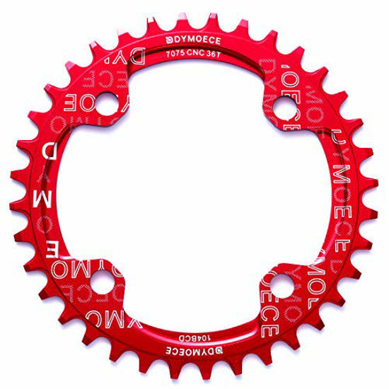 Picture of Dymoece Narrow Wide Bike Single Chainring 104BCD 32T/34T/36T/38T for 9 10 11 SpeedRound,Black/Red,Perfect for Most of Shimano and Sram Cranksets (Red, 32T)