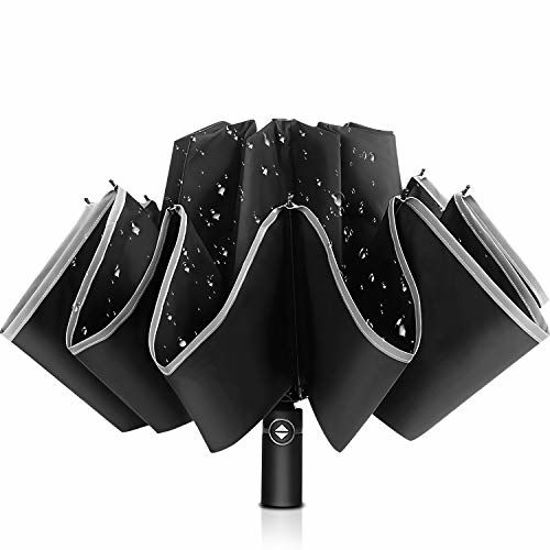 Picture of Bodyguard Inverted Umbrella, Windproof Umbrella,12 Ribs Reverse Umbrella with Reflective Stripe, Teflon Umbrella in Rain and Sun, Leather Cover for Women and Men