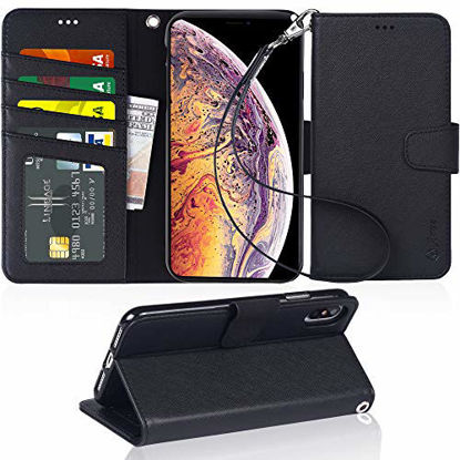 Picture of Arae Case for iPhone Xs Max PU Leather Wallet case Cover [Stand Feature] with Wrist Strap and [4-Slots] ID&Credit Cards Pocket for iPhone Xs Max 6.5 inch - Black