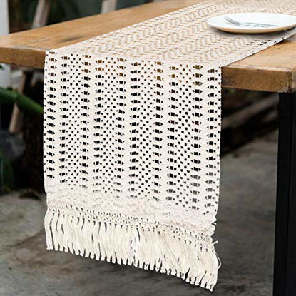 Picture of OurWarm Natural Macrame Table Runner Cotton Crochet Lace Boho Wedding Table Runner with Tassels for Bohemian Rustic Wedding Bridal Shower Home Dining Table Decor, 12 x 108 Inch
