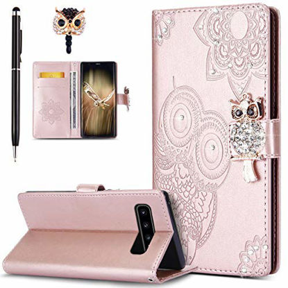 Picture of Case for Galaxy S10 Plus Cover,Bling Diamonds Glitter Embossing Mandala Owl PU Leather Fold Wallet Flip Stand Protective Case Cover + Dust Plug & Stylus for Galaxy S10 Plus Wallet Case,Rose Gold
