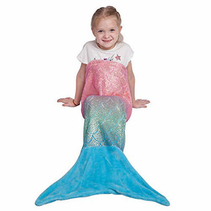 Picture of softan Kids Mermaid Tail Blanket,Plush Soft Flannel Fleece All Seasons Sleeping Blanket Bag,Rainbow Ombre Glittering Fish Scale Design Snuggle Blanket,Best Gifts for Girls,17"×39"