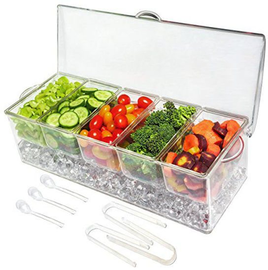 Picture of Ice Chilled 5 Compartment Condiment Server Caddy - Serving Tray Container with 5 Removable Dishes with Over 2 Cup Capacity Each and Hinged Lid | 3 Serving Spoons + 3 Tongs Included