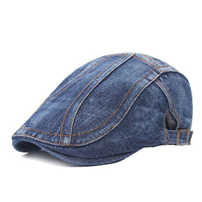 Picture of Quanhaigou Unisex Denim Flat Ivy Gatsby Newsboy Cabbie Driving Hat Cap, Jean Blue, One Size