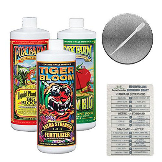 Picture of Fox Farm Liquid Nutrient Trio Soil Formula: Big Bloom, Grow Big, Tiger Bloom (Pack of 3-32 oz Bottles) 1 Quart Each + Twin Canaries Chart & Pipette