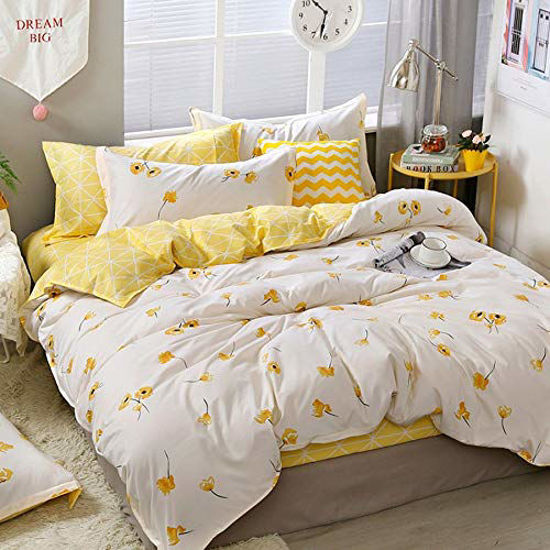 Picture of Botanical Duvet Cover Full Yellow Flowers and Grid Floral Garden Pattern Printed on Cream White Bedding Set,Blossom Kawaii Reversible Kids Bedroom Comforter Cover for Teen Toddler,Lightweight,Zipper