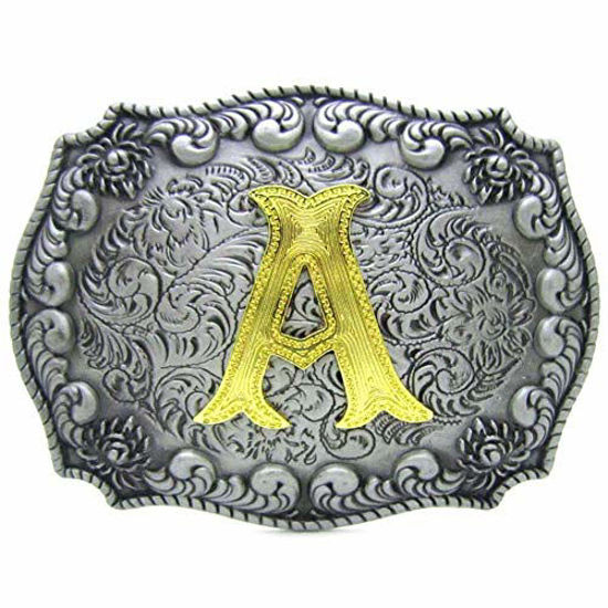 Picture of Western Belt Buckle Initial Letters ABCDEFG to Y-Cowboy Rodeo Silver Large Belt Buckle for Men and Women (A) Upgrade