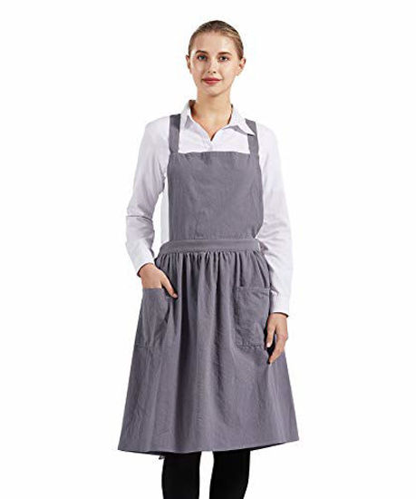 Picture of Nanxson Women Cotton Linen Bib Apron Cross Back Work Apron for Cooking,Baking,Crafting,Flower Arrangement CF3046 (grey, one size)